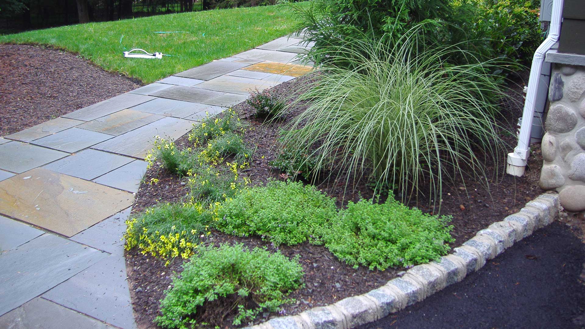 This home owner has opted to install a walkway that separates two large landscape beds.